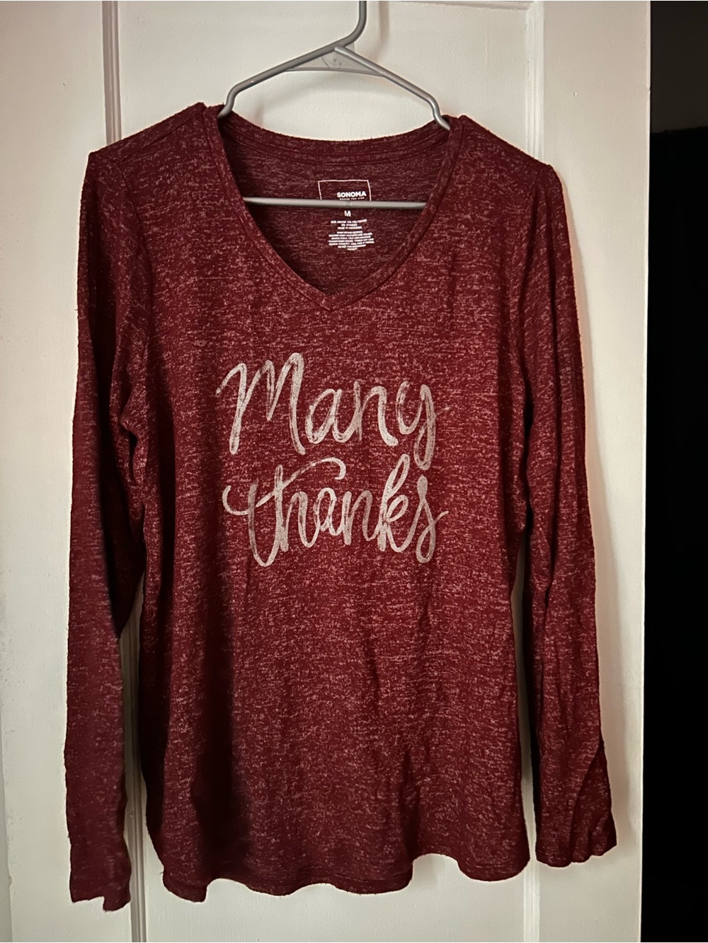Sonoma Burgundy Long Sleeve V-Neck Tee with "Many Thanks" Script